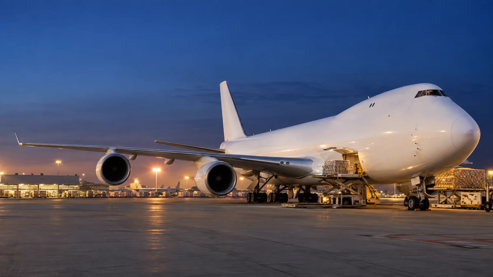 An aircraft preparing international cargo at an airport at blue hour